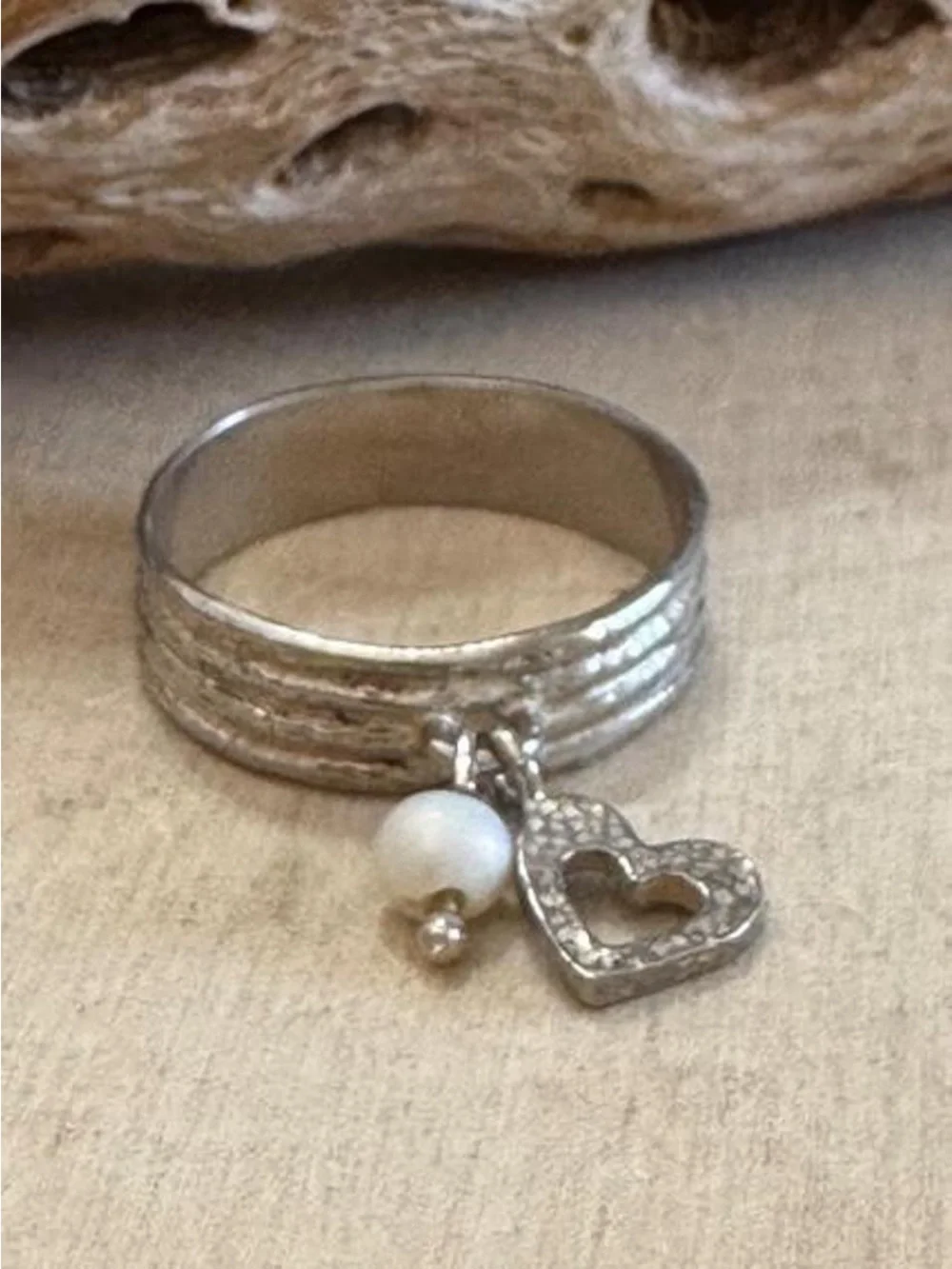 Or Paz Israel 925 Sterling Silver Heart Pearl Charm Ring Size 10
